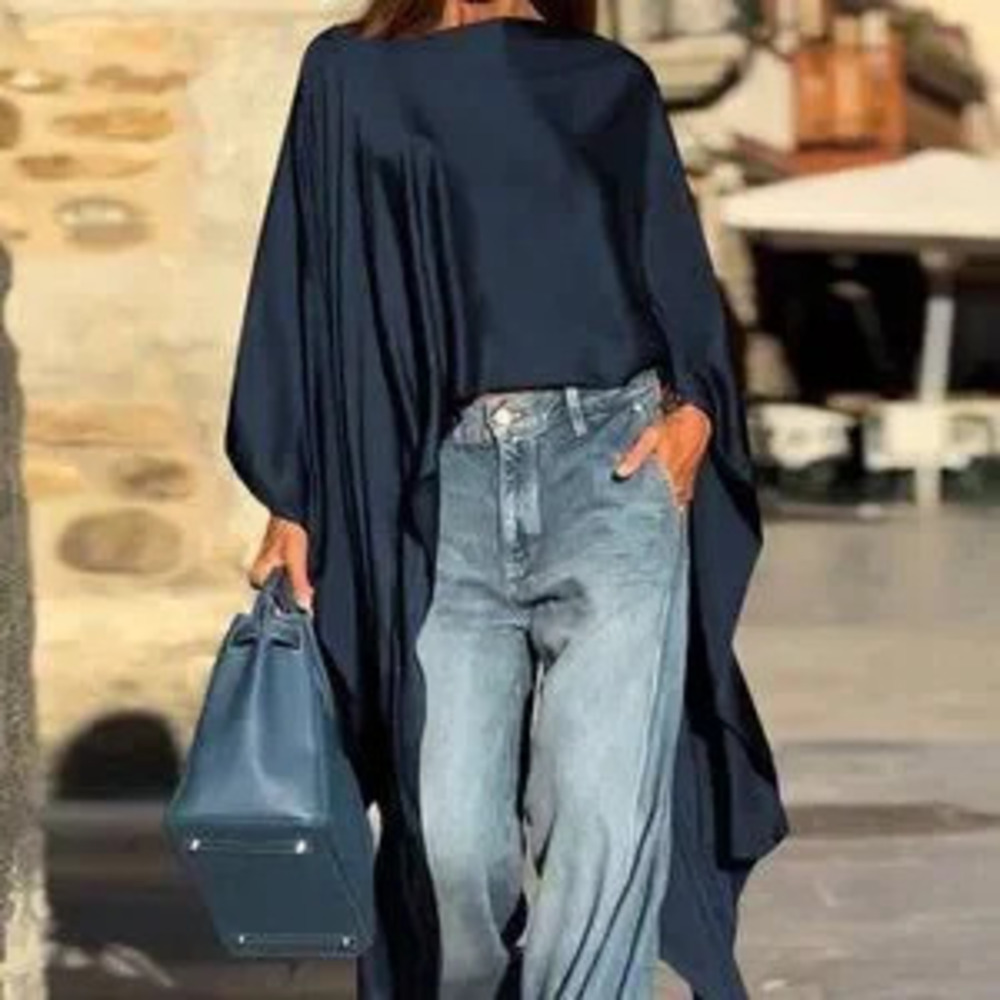 Navy Blue Casual Women's Asymmetrical Long Blouse